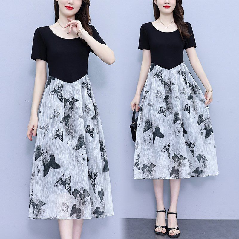 여름 여성 빅사이즈 라운드넥 반팔 A라인 미디 롱원피스 데일리 캐주얼 오피스룩 하객룩 - 상품 이미지