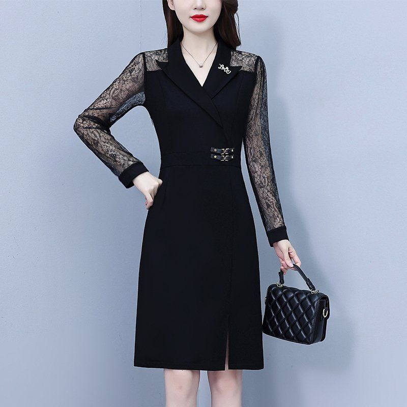 블랙 레이스 시스루긴팔 카라 미디 H라인원피스 슬림핏 빅사이즈 포켓 봄가을 하객룩 오피스룩 - 상세 이미지 4