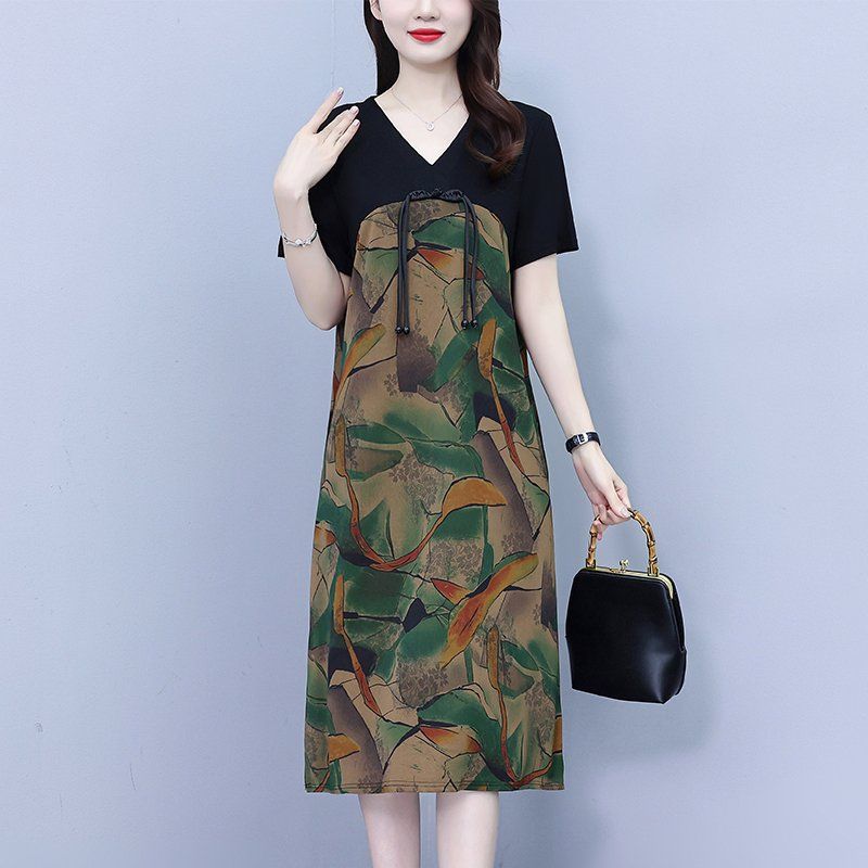 여름 여성 빅사이즈 브이넥 추상 패턴 반팔 A라인 미디 롱원피스 데일리 캐주얼룩 - 상세 이미지 2