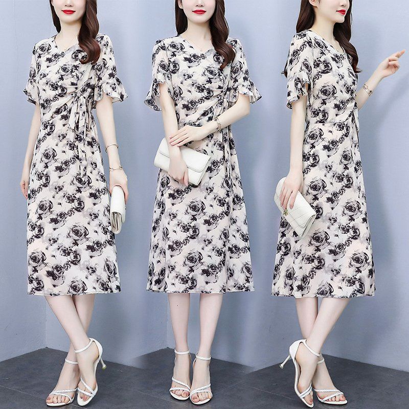 추상패턴 브이넥 허리 스트랩 A라인 미디 롱원피스 여름 여성 빅사이즈 오피스룩 하객룩 - 상세 이미지 2