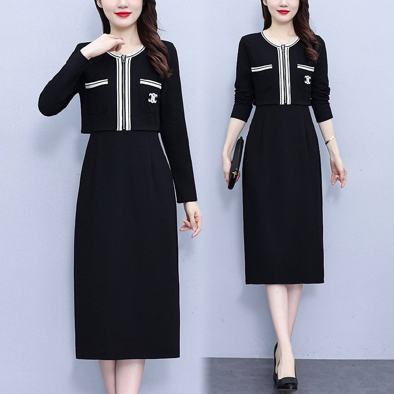 봄 가을 여성 빅사이즈 라운드넥 배색 라인 미디 롱원피스 오피스룩 하객룩