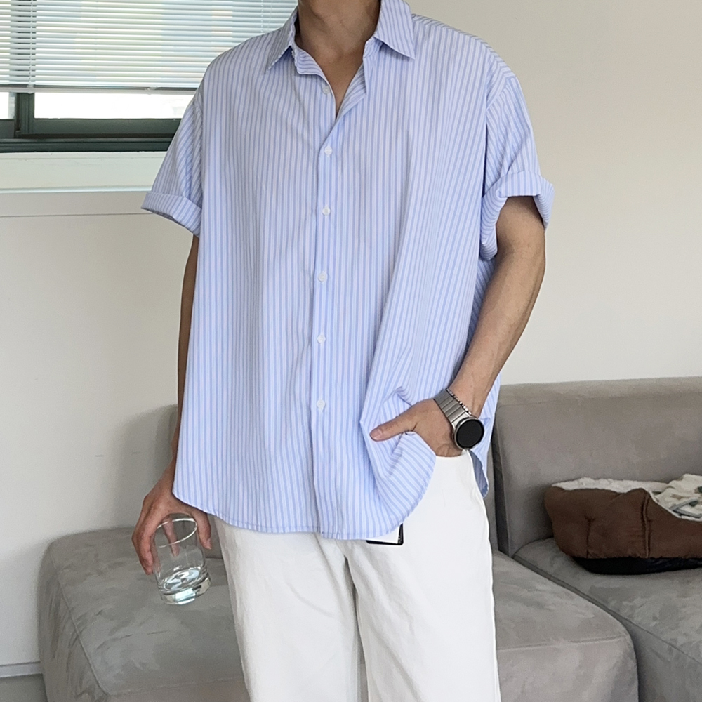 남자 셔츠 오버핏 스트라이프 여름 남방 남자 반팔셔츠 - 상세 이미지 2