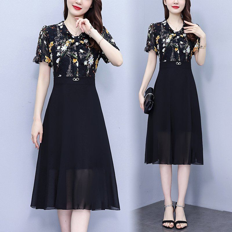 여름 여성 빅사이즈 브이넥 플라워 쉬폰 배색 A라인 미디 롱원피스 하객룩 오피스룩 - 상품 이미지