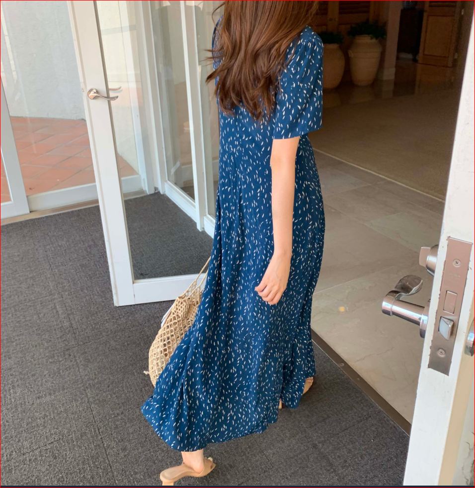 블러썸 도트 패턴 봄 여름 반팔 여리핏 브이넥 셔링 빅사이즈 휴양지 하객룩 롱원피스