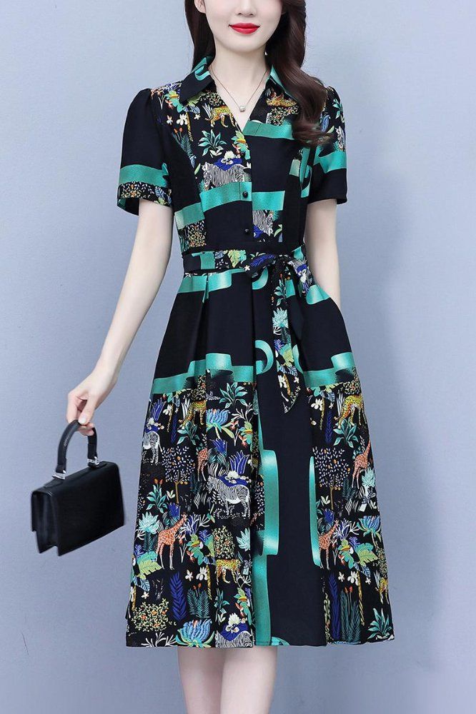 여름 여성 빅사이즈 브이넥 추상패턴 포켓 허리 스트랩 A라인 미디 롱원피스 캐주얼 데일리룩 - 상세 이미지 5