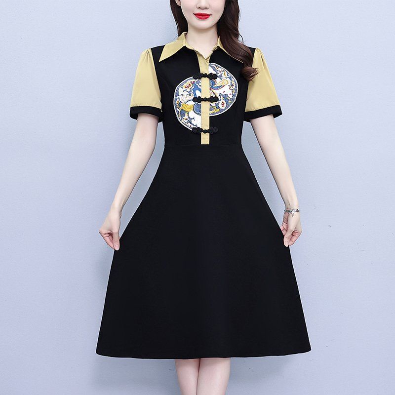 여름 여성 빅사이즈 뉴차이니스 카라 배색 자수 미디 롱원피스 단추 여밈 하객룩 오피스룩 - 상세 이미지 4