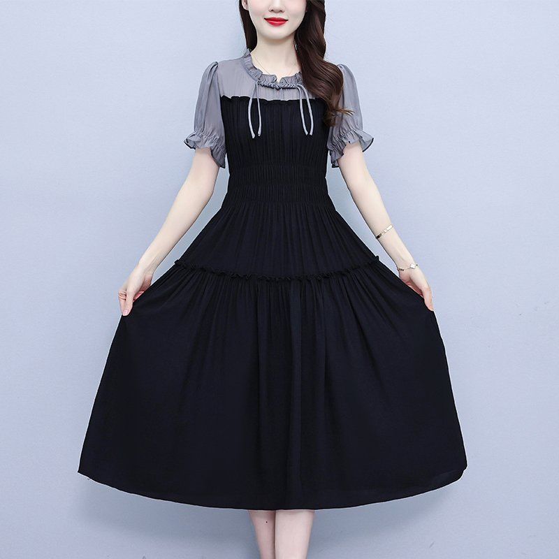 여름 여성 빅사이즈 러플넥 셔링 배색 퍼프소매 A라인 미디 롱원피스 하객룩 오피스룩 - 상세 이미지 4