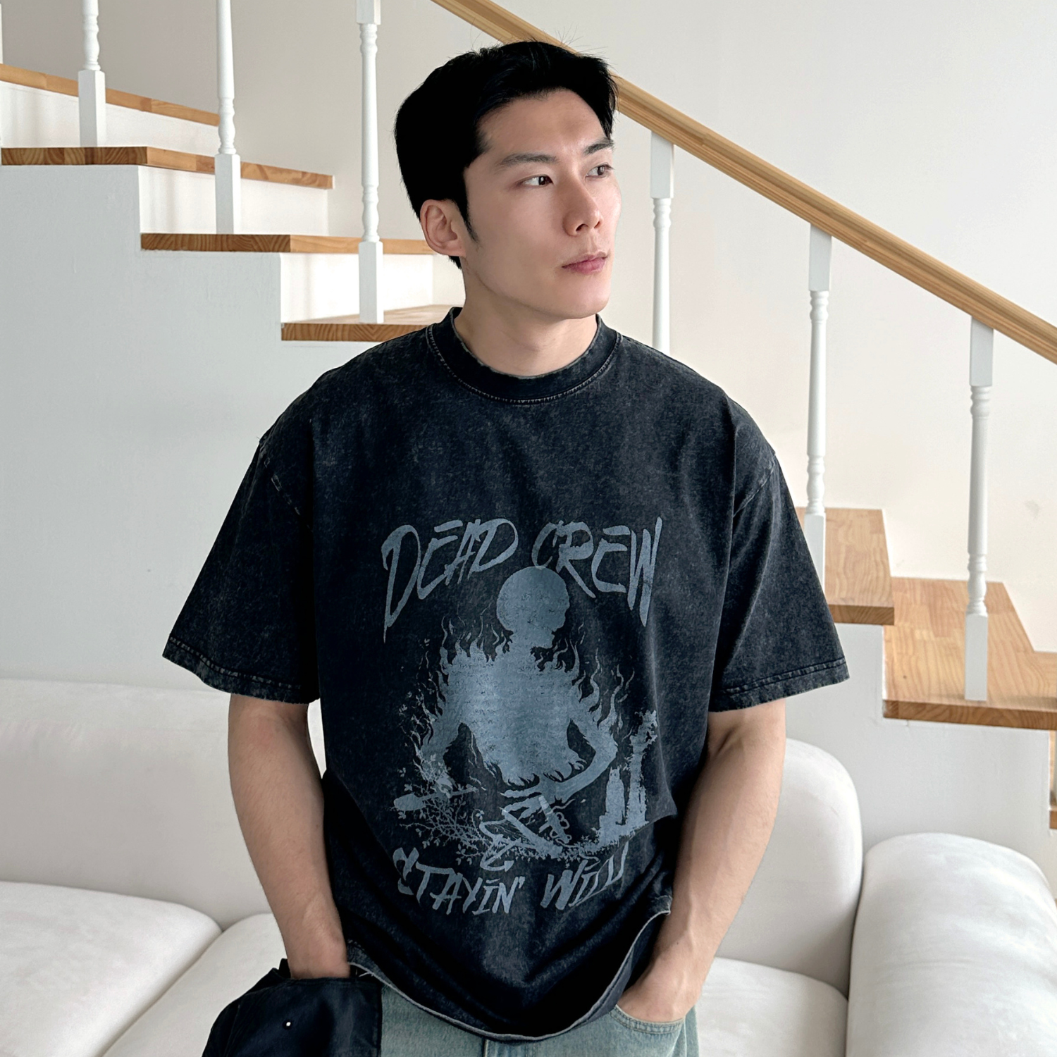 피그먼트 오버핏 반팔티 남녀공용 스트릿 스컬 프린팅 빅사이즈 FTC00009