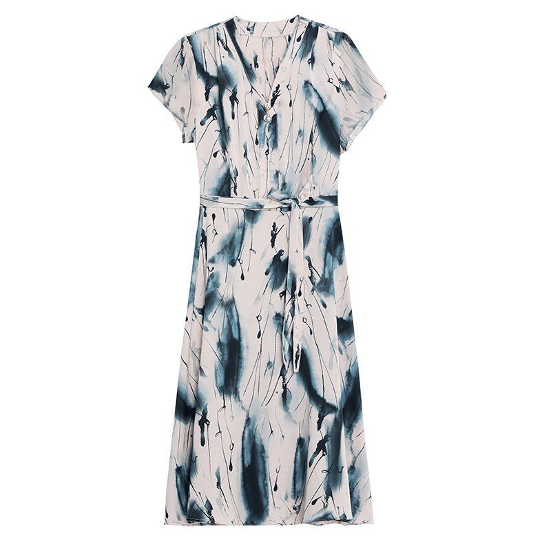 블랙 화이트 프린트 V넥 반팔 랩 미디 A라인원피스 슬림핏 빅사이즈 여름 데일리룩 - 상세 이미지 5