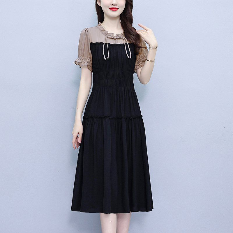 여름 여성 빅사이즈 러플넥 셔링 배색 퍼프소매 A라인 미디 롱원피스 하객룩 오피스룩 - 상세 이미지 3