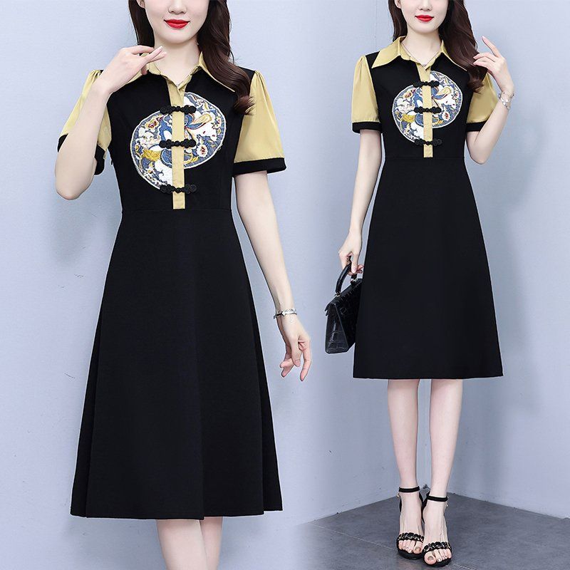 여름 여성 빅사이즈 뉴차이니스 카라 배색 자수 미디 롱원피스 단추 여밈 하객룩 오피스룩 - 상품 이미지