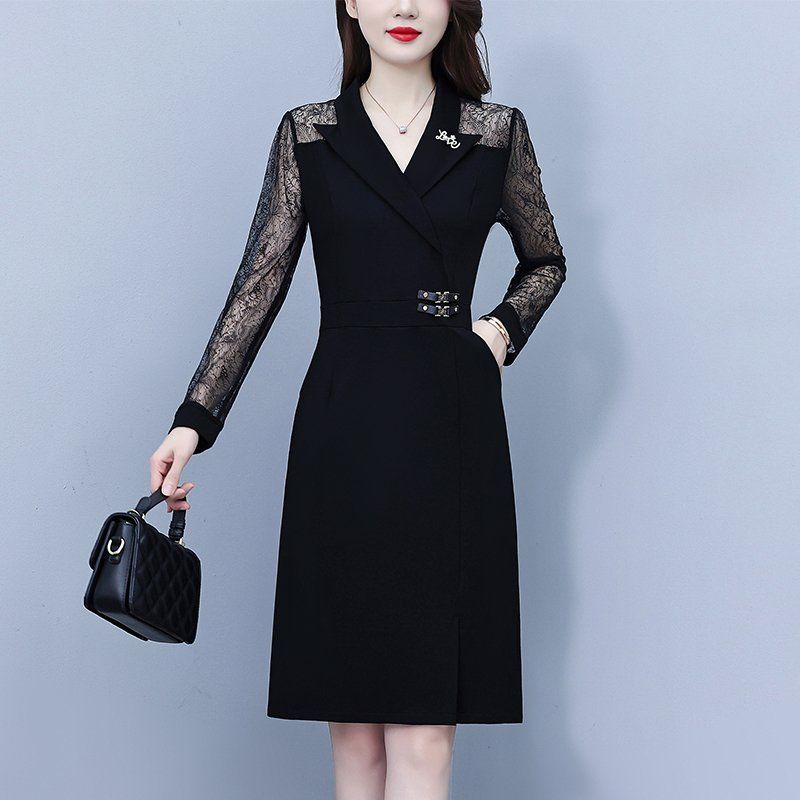 블랙 레이스 시스루긴팔 카라 미디 H라인원피스 슬림핏 빅사이즈 포켓 봄가을 하객룩 오피스룩 - 상세 이미지 2