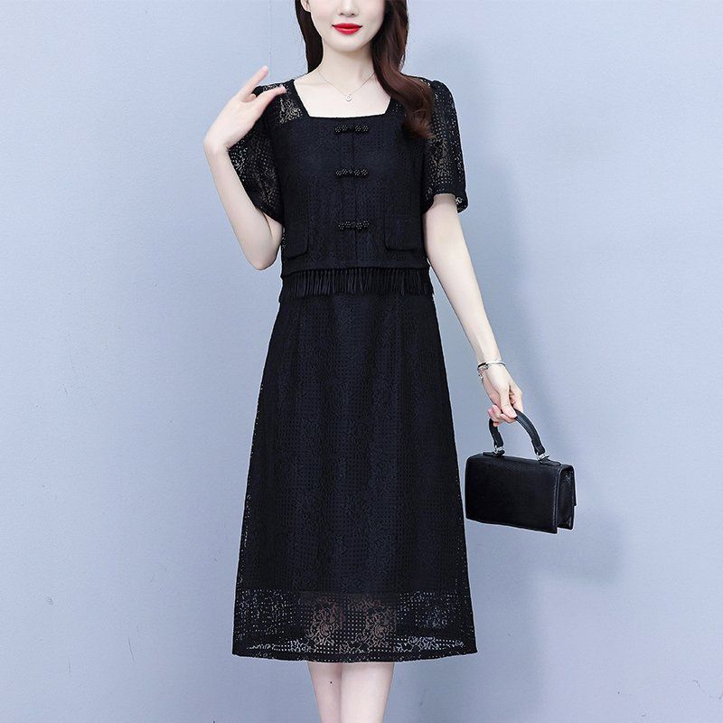 여름 여성 빅사이즈 스퀘어넥 레이스 반팔 프릴 장식 미디 롱원피스 오피스룩 하객룩 - 상세 이미지 2