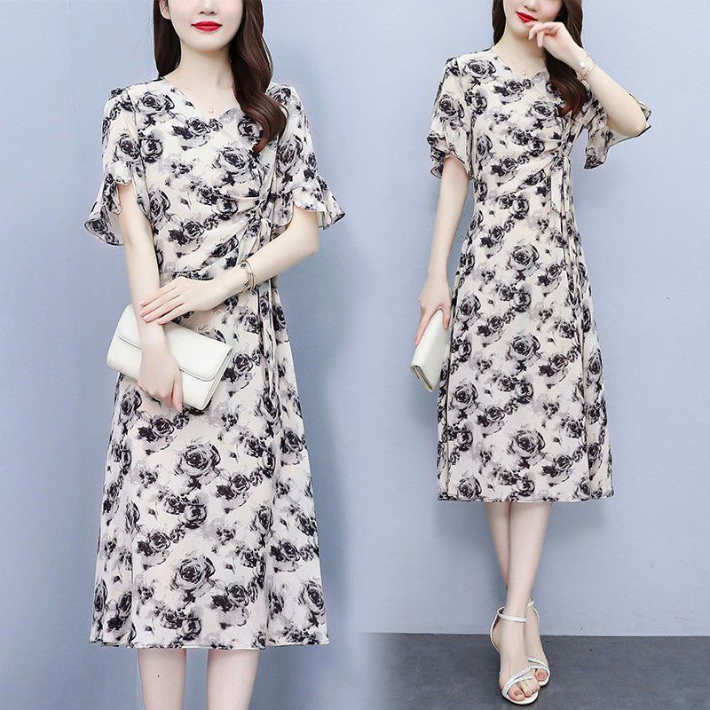 추상패턴 브이넥 허리 스트랩 A라인 미디 롱원피스 여름 여성 빅사이즈 오피스룩 하객룩 - 상품 이미지