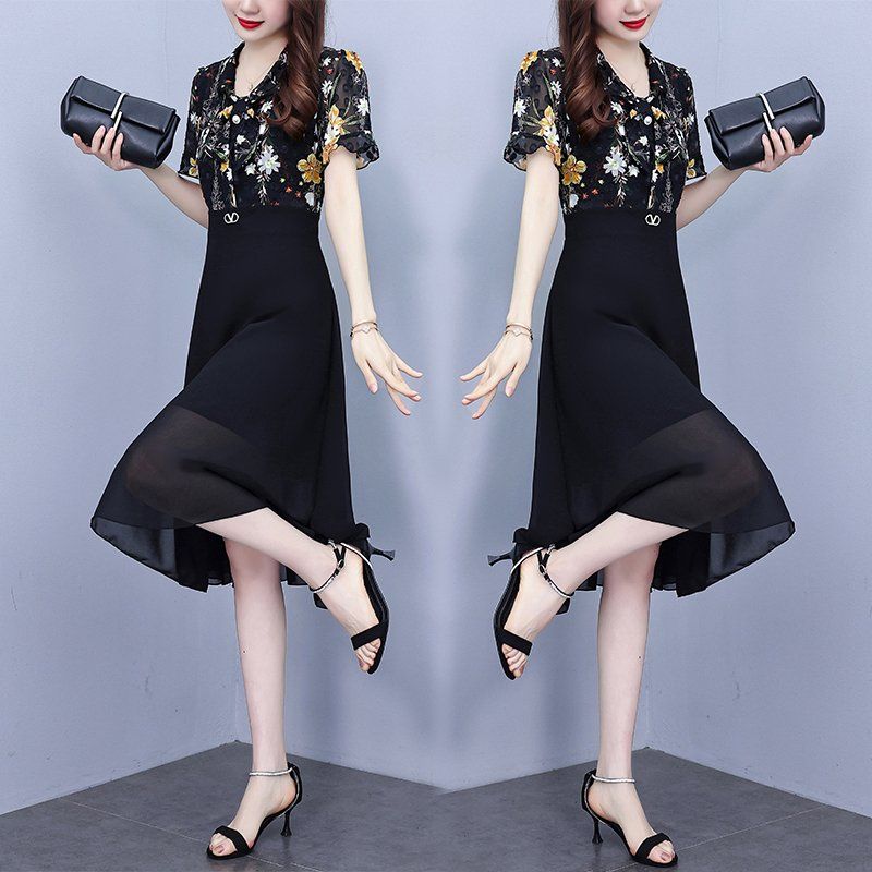 여름 여성 빅사이즈 브이넥 플라워 쉬폰 배색 A라인 미디 롱원피스 하객룩 오피스룩 - 상세 이미지 3