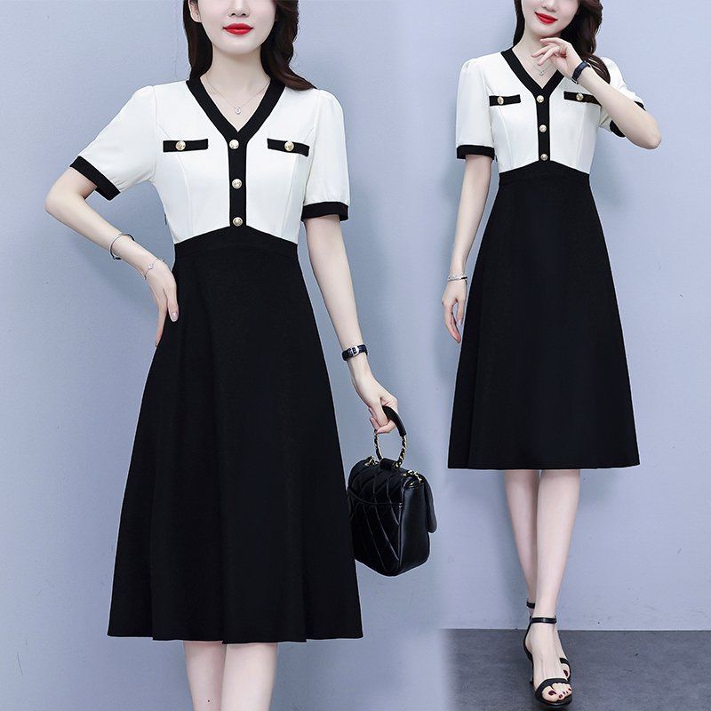 클래식 데일리 브이넥 배색 버튼 반팔 A라인 미디원피스 여름 여성 빅사이즈 오피스룩 하객룩
