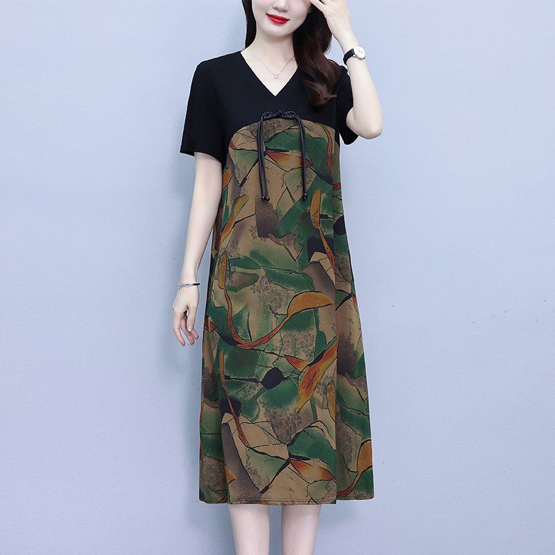 여름 여성 빅사이즈 브이넥 추상 패턴 반팔 A라인 미디 롱원피스 데일리 캐주얼룩 - 상세 이미지 3