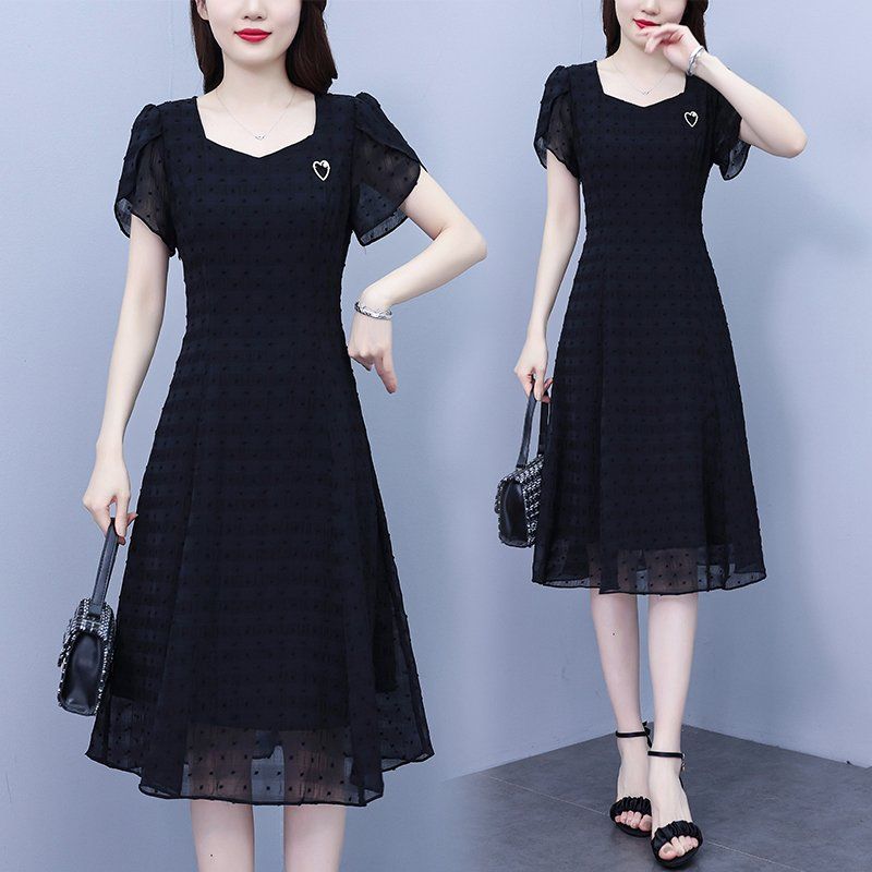 여름 여성 빅사이즈 스퀘어넥 도트 반팔 A라인 미디 롱원피스 하객룩 오피스룩