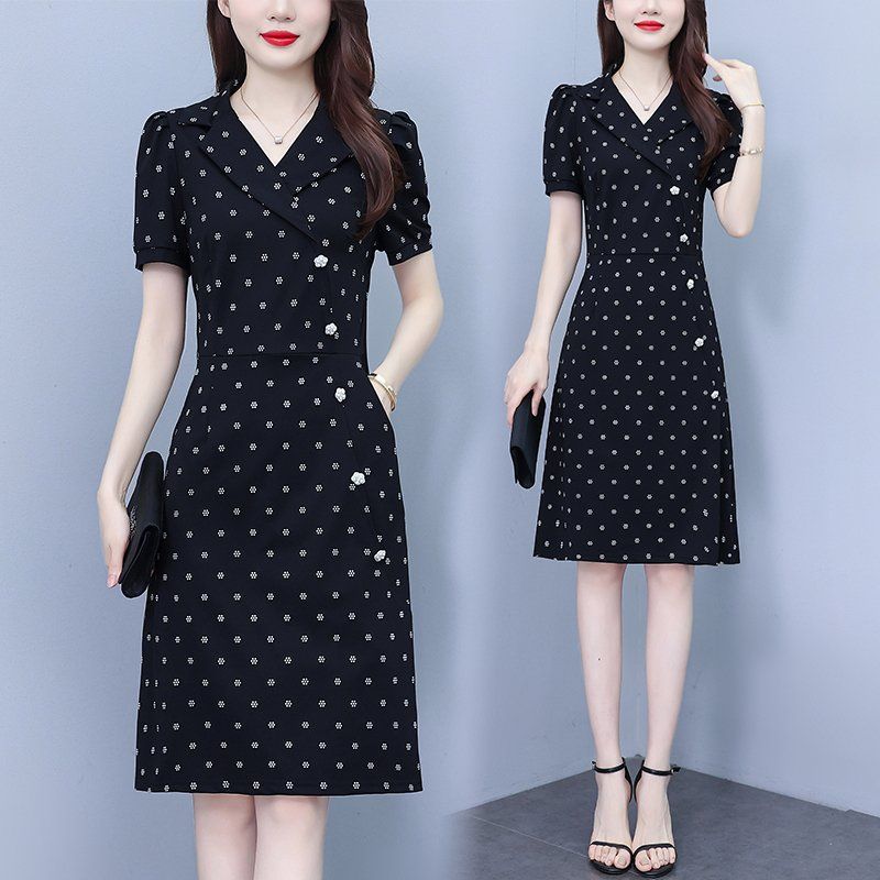 여름 여성 빅사이즈 브이넥 테일러드카라 도트 반팔 A라인 미디 롱원피스 하객룩 오피스룩