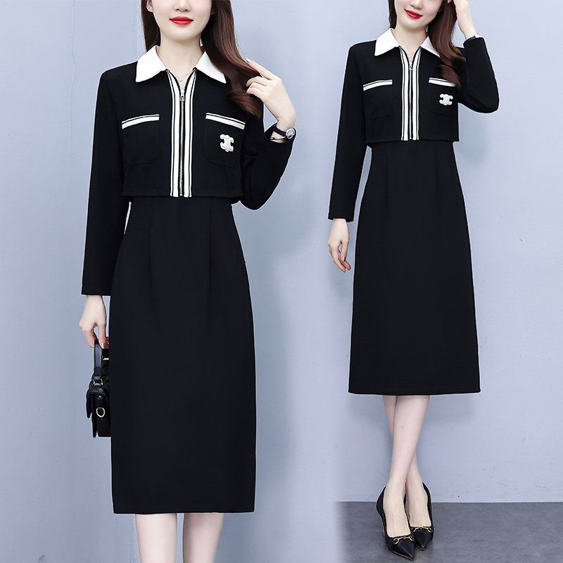 봄 가을 여성 빅사이즈 카라넥 배색 스트라이프 라인 미디 롱원피스 오피스룩 하객룩