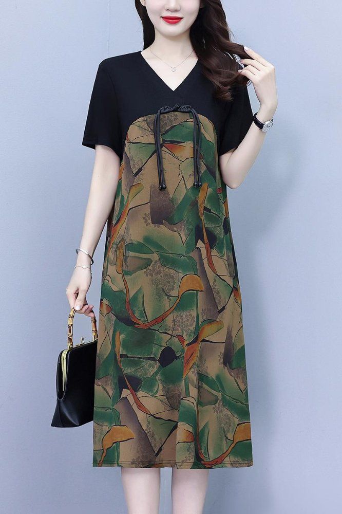 여름 여성 빅사이즈 브이넥 추상 패턴 반팔 A라인 미디 롱원피스 데일리 캐주얼룩 - 상세 이미지 5