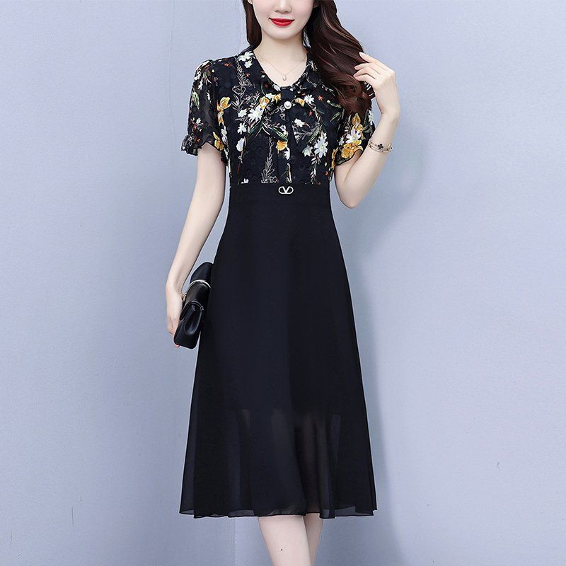 여름 여성 빅사이즈 브이넥 플라워 쉬폰 배색 A라인 미디 롱원피스 하객룩 오피스룩 - 상세 이미지 4