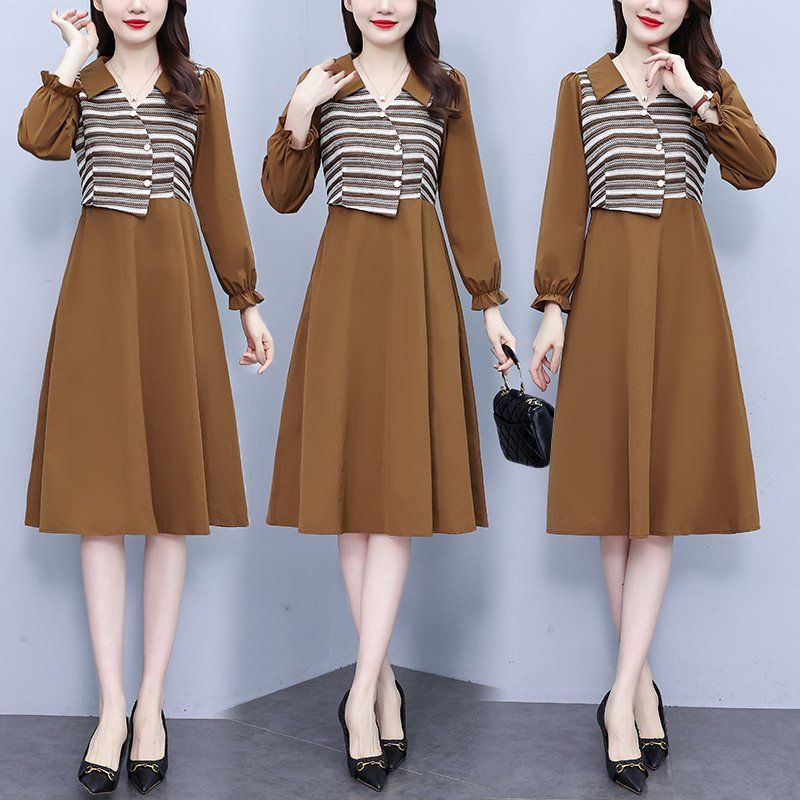 카멜 배색 긴팔 미디 A라인원피스 와이드카라 셔링소매 빅사이즈 봄가을 오피스룩 하객룩 - 상세 이미지 2