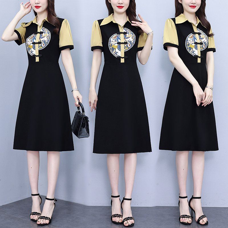 여름 여성 빅사이즈 뉴차이니스 카라 배색 자수 미디 롱원피스 단추 여밈 하객룩 오피스룩 - 상세 이미지 2