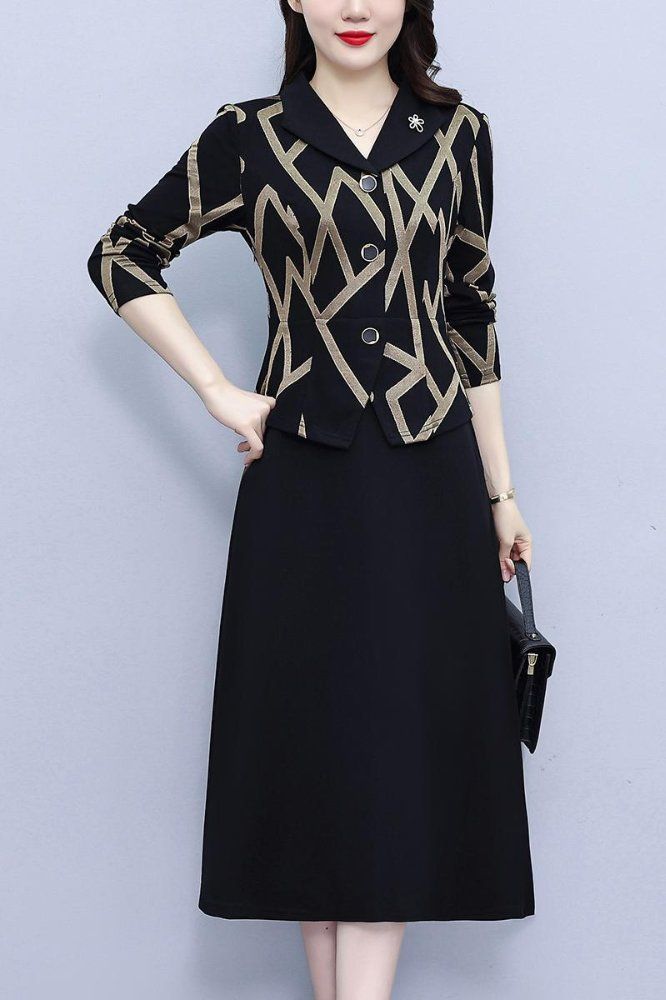 카멜 스트라이프 배색 긴팔 미디 A라인원피스 와이드카라 슬림핏 빅사이즈 오피스룩 - 상세 이미지 5