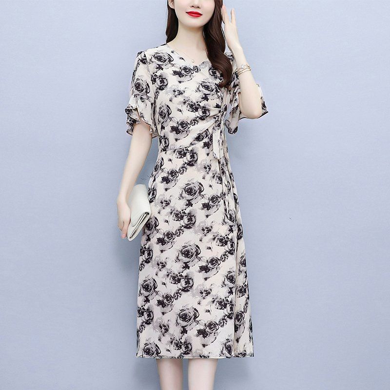 추상패턴 브이넥 허리 스트랩 A라인 미디 롱원피스 여름 여성 빅사이즈 오피스룩 하객룩 - 상세 이미지 4