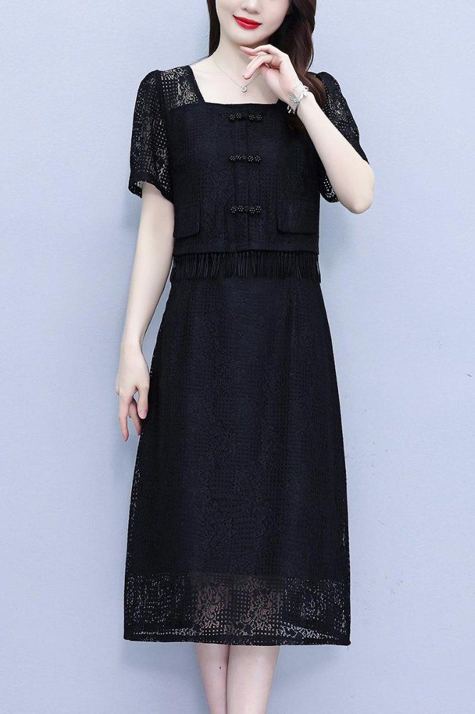 여름 여성 빅사이즈 스퀘어넥 레이스 반팔 프릴 장식 미디 롱원피스 오피스룩 하객룩 - 상세 이미지 5