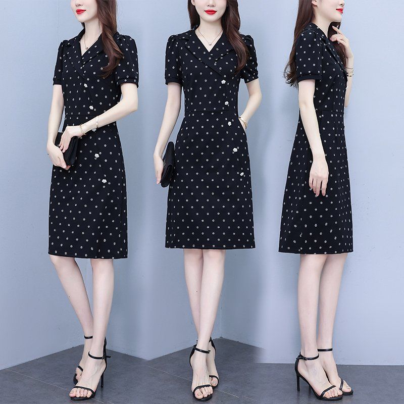 여름 여성 빅사이즈 브이넥 테일러드카라 도트 반팔 A라인 미디 롱원피스 하객룩 오피스룩 - 상세 이미지 2