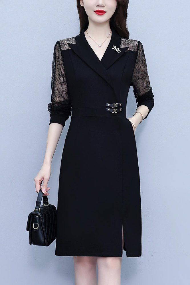 블랙 레이스 시스루긴팔 카라 미디 H라인원피스 슬림핏 빅사이즈 포켓 봄가을 하객룩 오피스룩 - 상세 이미지 5