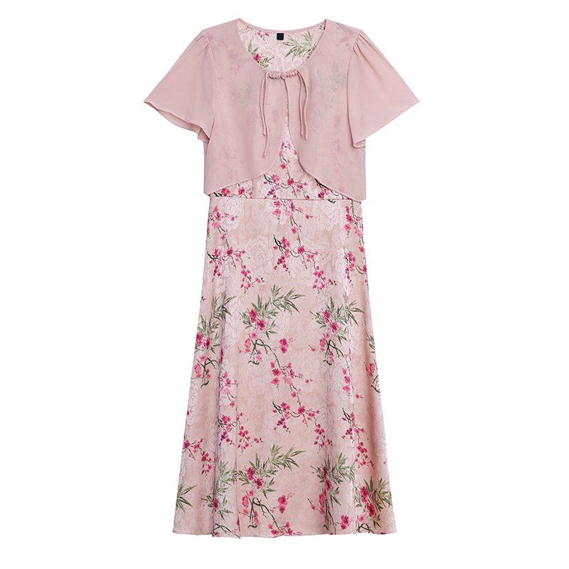 플라워 패턴 브이넥 배색 A라인 미디 롱원피스 여름 여성 빅사이즈 하객룩 오피스룩 - 상세 이미지 5