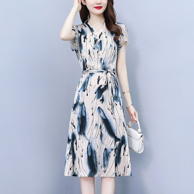 블랙 화이트 프린트 V넥 반팔 랩 미디 A라인원피스 슬림핏 빅사이즈 여름 데일리룩 - 상세 이미지 4