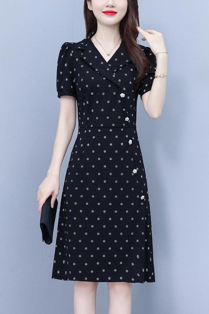 여름 여성 빅사이즈 브이넥 테일러드카라 도트 반팔 A라인 미디 롱원피스 하객룩 오피스룩 - 상세 이미지 5