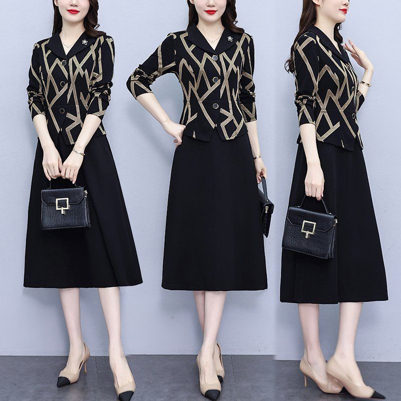 카멜 스트라이프 배색 긴팔 미디 A라인원피스 와이드카라 슬림핏 빅사이즈 오피스룩 - 상세 이미지 2