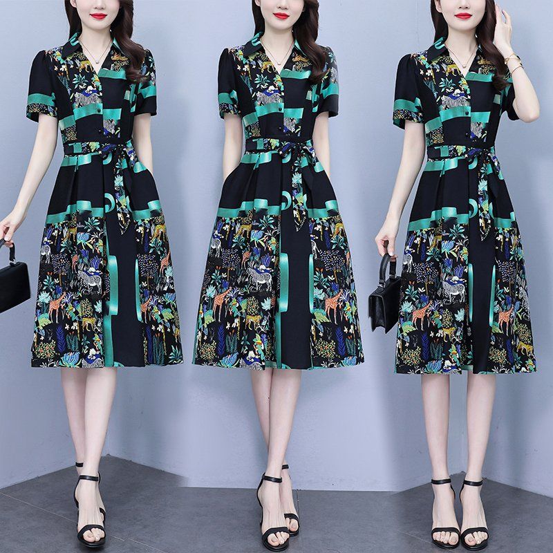 여름 여성 빅사이즈 브이넥 추상패턴 포켓 허리 스트랩 A라인 미디 롱원피스 캐주얼 데일리룩 - 상세 이미지 2