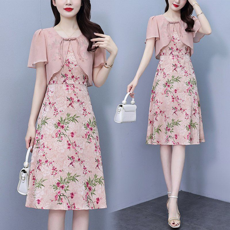 플라워 패턴 브이넥 배색 A라인 미디 롱원피스 여름 여성 빅사이즈 하객룩 오피스룩 - 상품 이미지