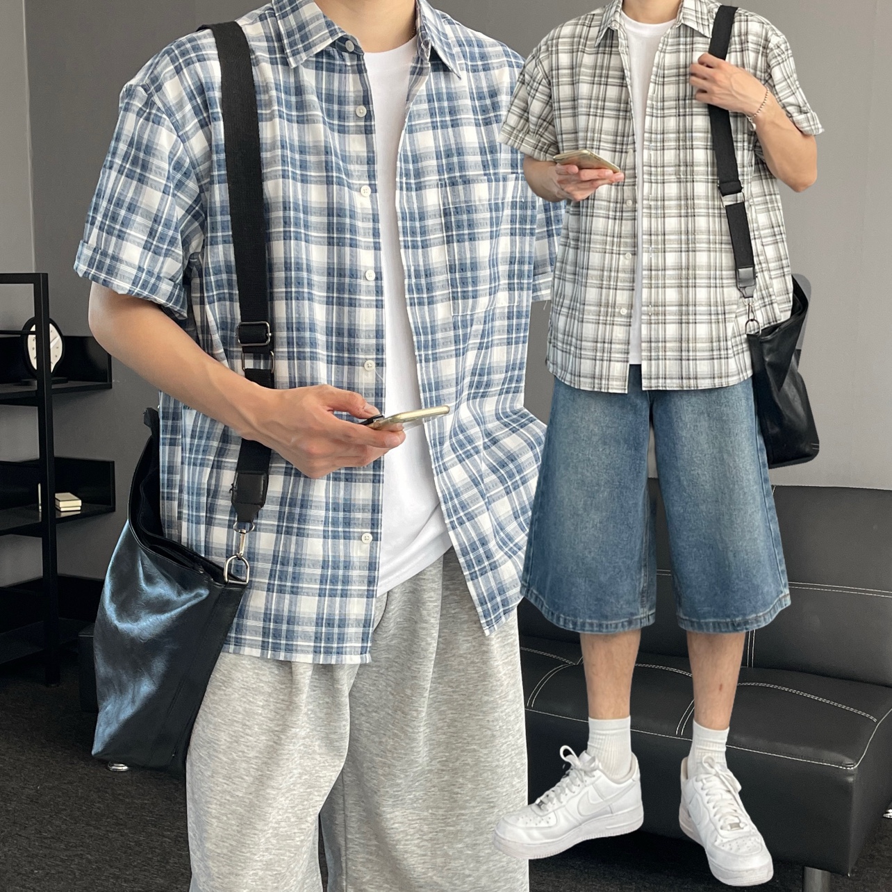 반팔체크셔츠 남자체크남방 남자오버핏셔츠 - 상품 이미지