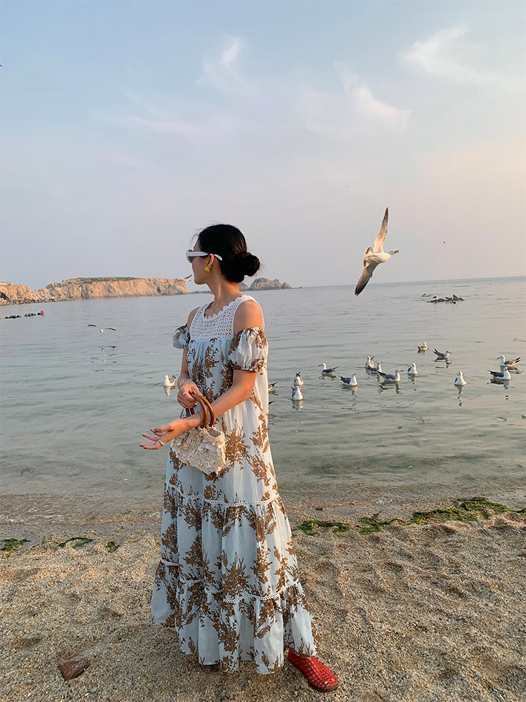 레이스 오프숄더 꽃무늬롱원피스 자수 린넨 예쁜 디자인 고급소재 캐주얼 여름 라이트블루 이미지 8