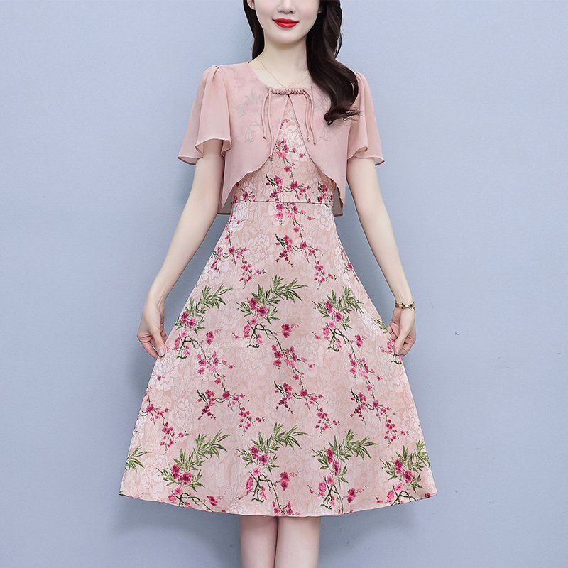 플라워 패턴 브이넥 배색 A라인 미디 롱원피스 여름 여성 빅사이즈 하객룩 오피스룩 - 상세 이미지 4