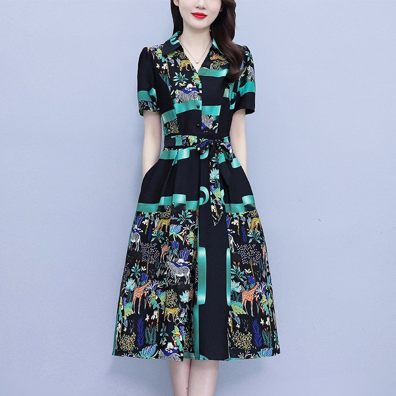 여름 여성 빅사이즈 브이넥 추상패턴 포켓 허리 스트랩 A라인 미디 롱원피스 캐주얼 데일리룩 - 상세 이미지 4