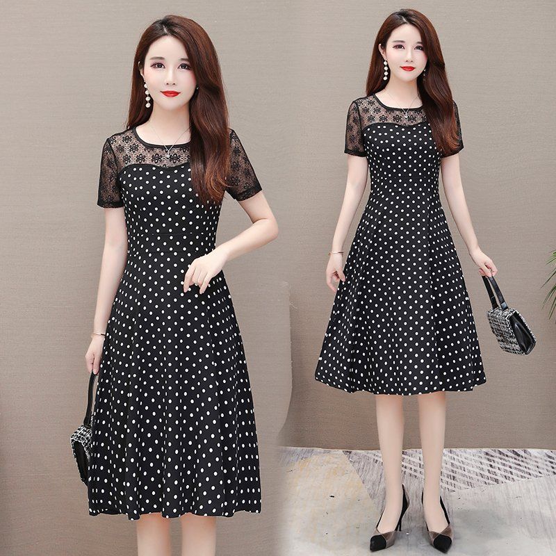 블랙 도트 레이스 반팔 라운드넥 미디 A라인원피스 빅사이즈 여름 데일리룩 - 상세 이미지 3