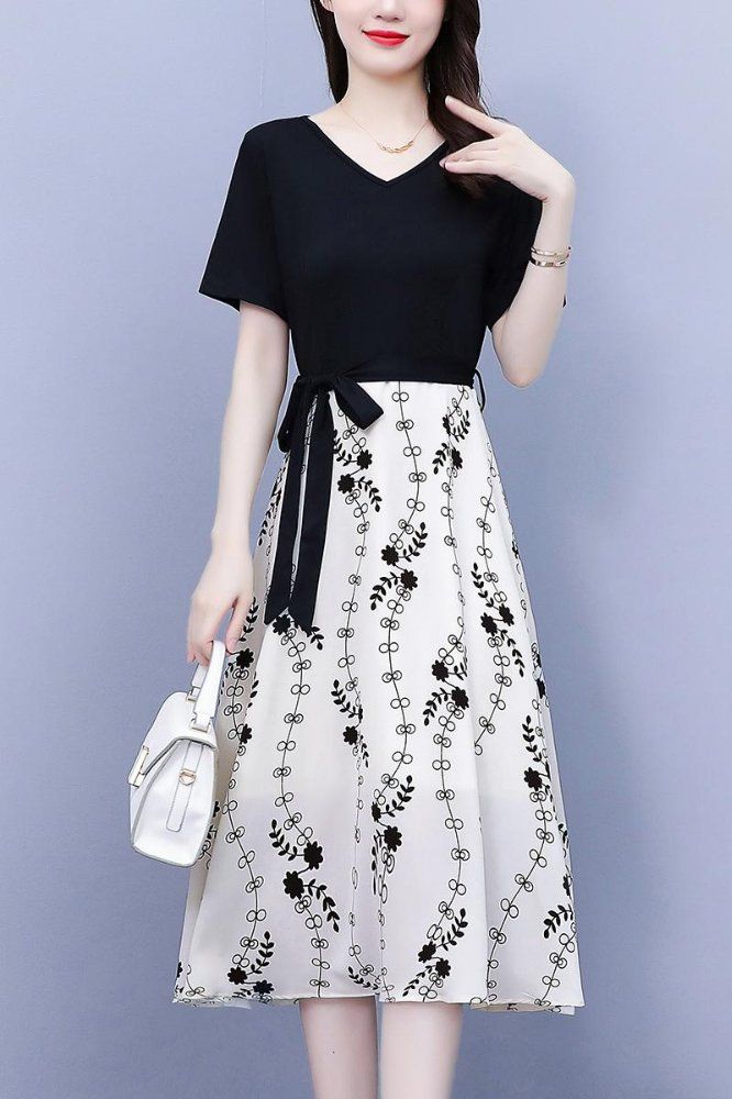 여름 여성 빅사이즈 브이넥 배색 꽃무늬 허리끈 플라워 미디 롱원피스 하객룩 오피스룩 - 상세 이미지 5