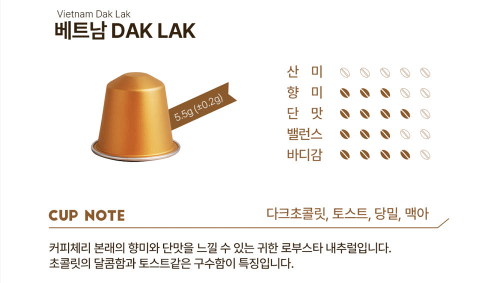 네스프레소 호환 캡슐 커피 베트남 DAK LAK