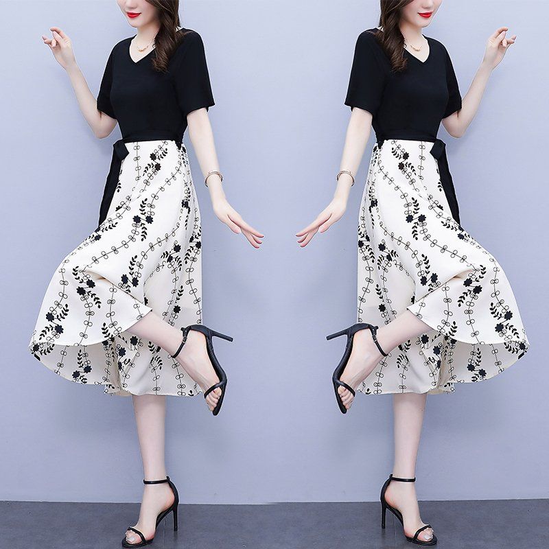 여름 여성 빅사이즈 브이넥 배색 꽃무늬 허리끈 플라워 미디 롱원피스 하객룩 오피스룩 - 상세 이미지 2