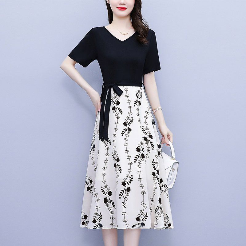 여름 여성 빅사이즈 브이넥 배색 꽃무늬 허리끈 플라워 미디 롱원피스 하객룩 오피스룩 - 상세 이미지 3