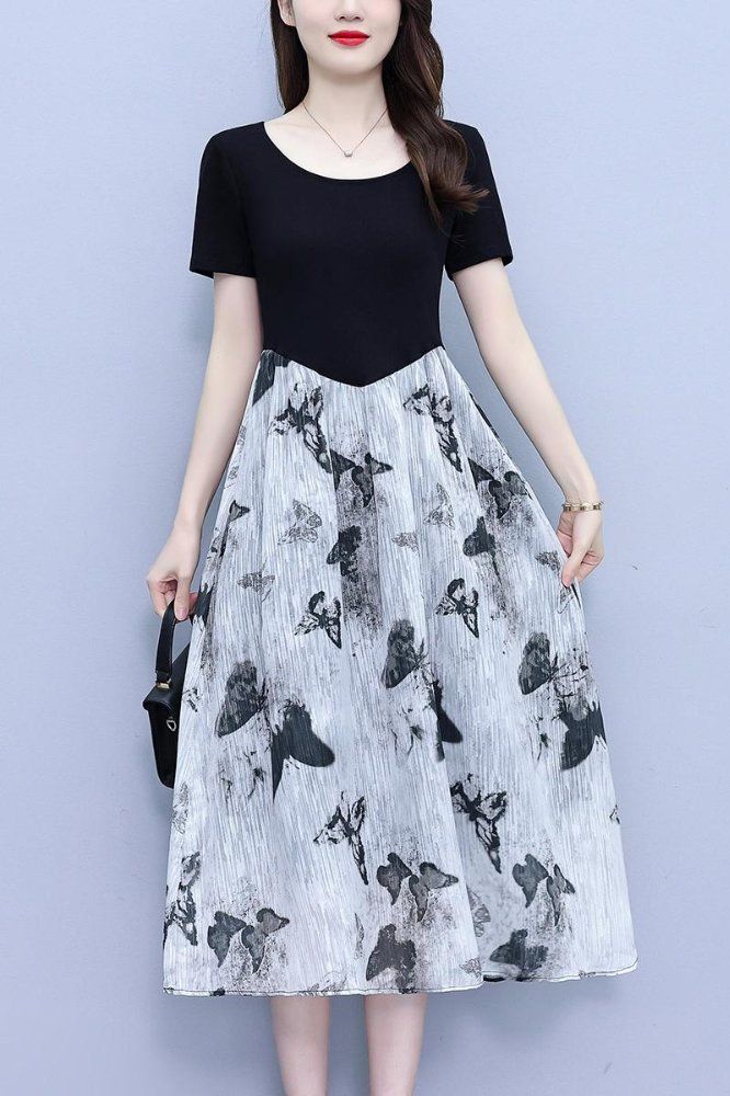 여름 여성 빅사이즈 라운드넥 반팔 A라인 미디 롱원피스 데일리 캐주얼 오피스룩 하객룩 - 상세 이미지 5