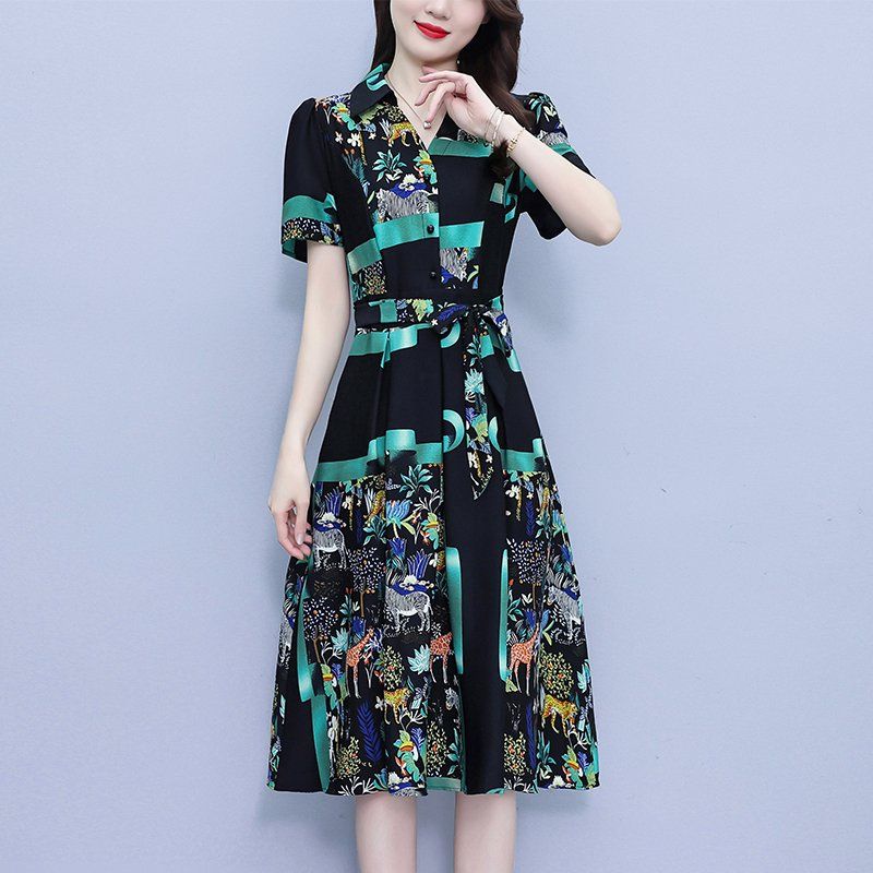 여름 여성 빅사이즈 브이넥 추상패턴 포켓 허리 스트랩 A라인 미디 롱원피스 캐주얼 데일리룩 - 상세 이미지 3